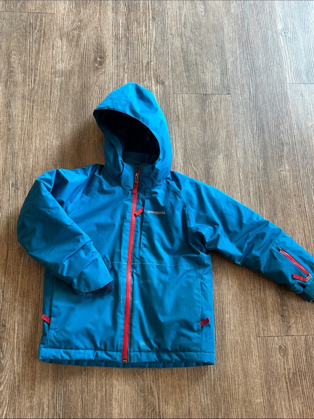 Patagonia Kids Blue Insulated Hooded Winter Jacked with Red Accents